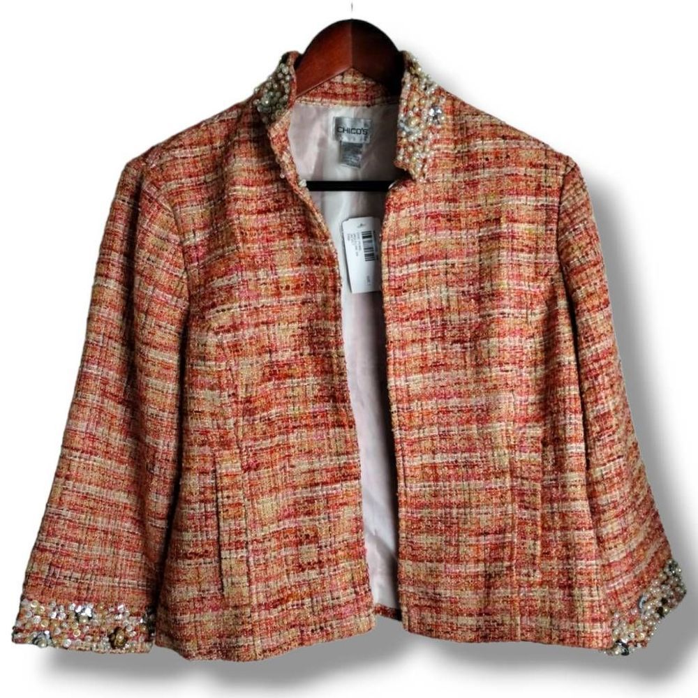 Chico's Coral Orange Multi Tweed Beaded-Collar Blazer